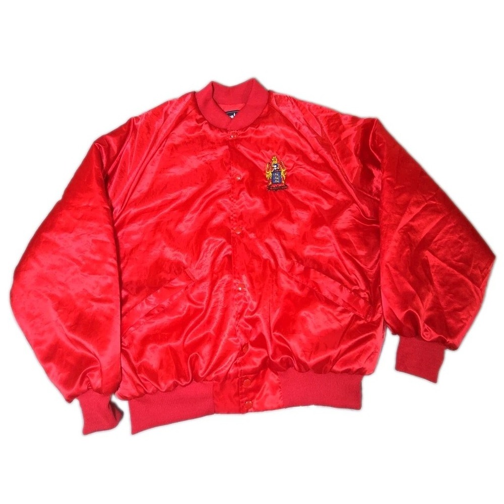 Vtg King Louie Satin Jacket Mens Large L Red Bomber England Coat Of Arms Varsity